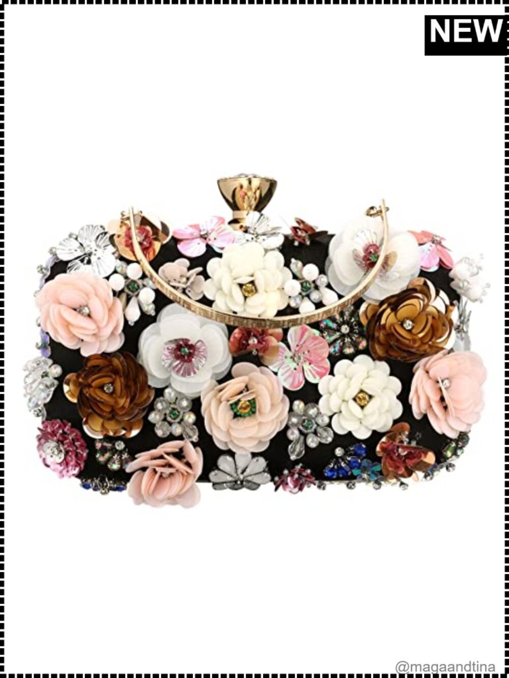 Floral Evening Clutch Satin Sequin Beaded Flower Handbag with Metal Chain